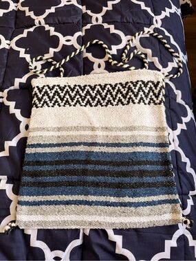 Hand Woven Blue and Cream Striped Crossbody Bag 14x14 NWOT